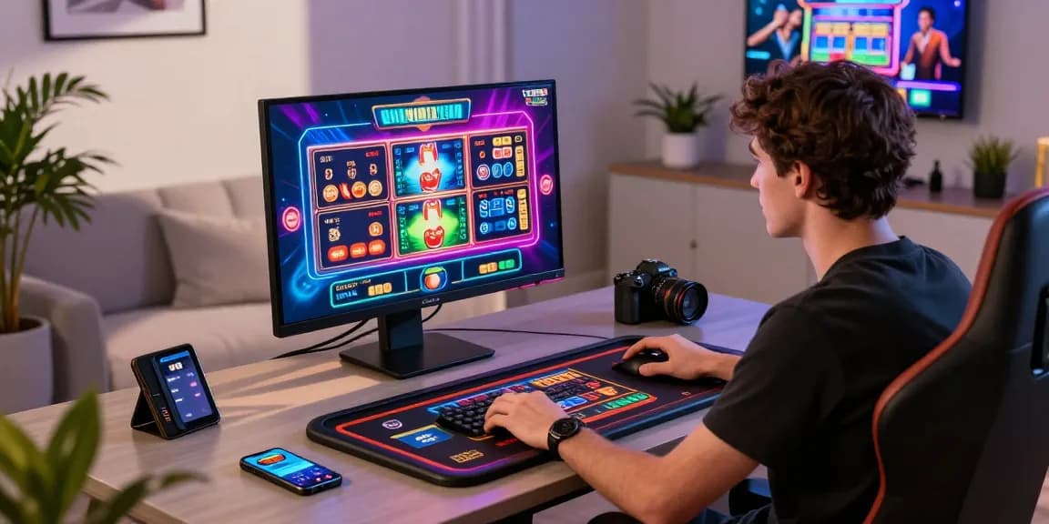 Player enjoying a credit card casino experience with vibrant slot machines, cards, and a modern gaming setup.