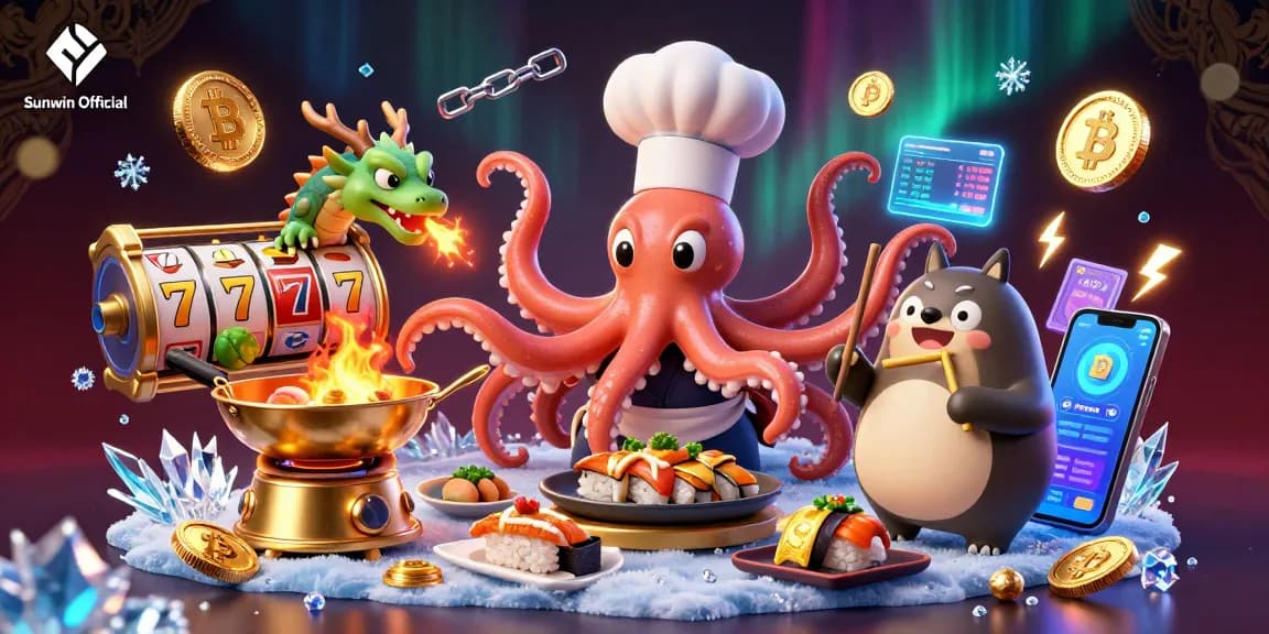 Savor the thrilling gaming experience at Sunwin Official through a vibrant scene featuring a dynamic sushi chef octopus and dragon.