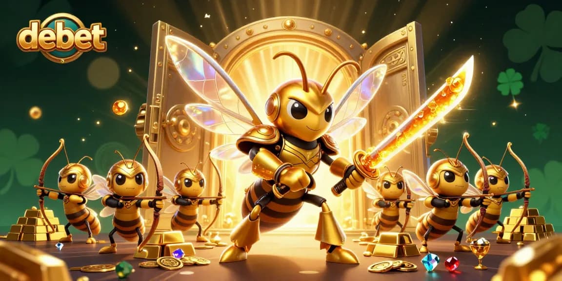 Engage with debet's golden casino scene featuring a giant hornet and treasures.