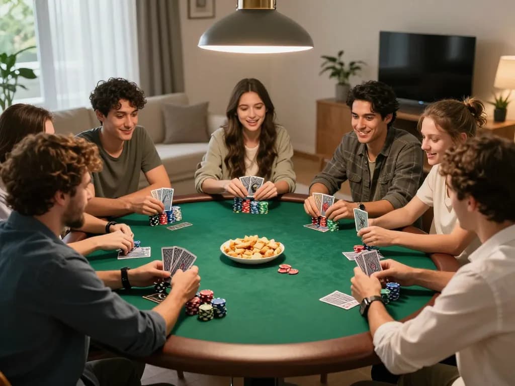 Friends enjoying a poker night at home with F168 nhà cái creating a lively gaming atmosphere.