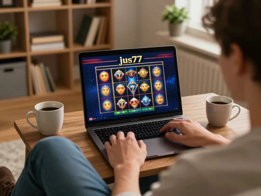 Engage in thrilling online gambling with jus77, featuring a user-friendly interface on a laptop.