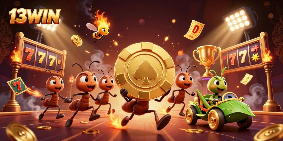 Engage with 13WIN as ants run a heist, showcasing excitement in a vibrant casino illustration.