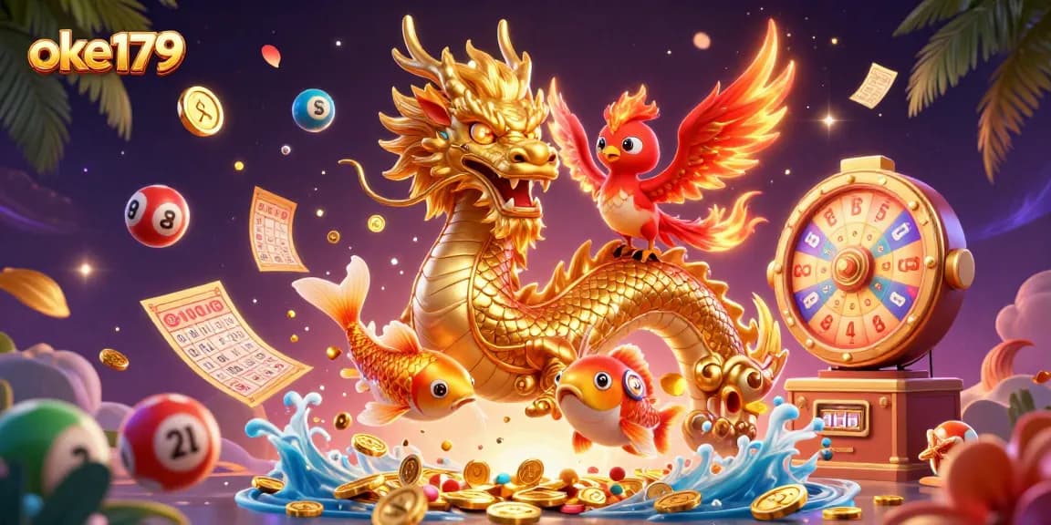 Experience the excitement of gambling with oke179: a fierce dragon, colorful lottery balls, and golden coins!