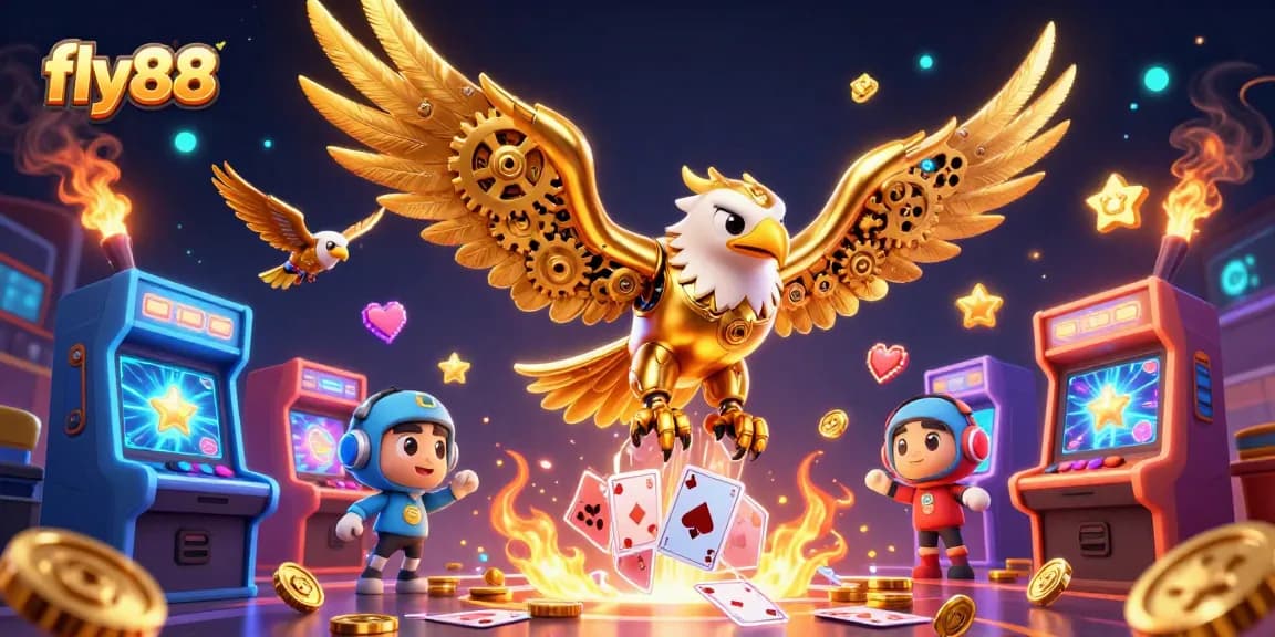 Experience the excitement of fly88 with a cybernetic eagle diving through holographic cards in a dynamic casino scene.