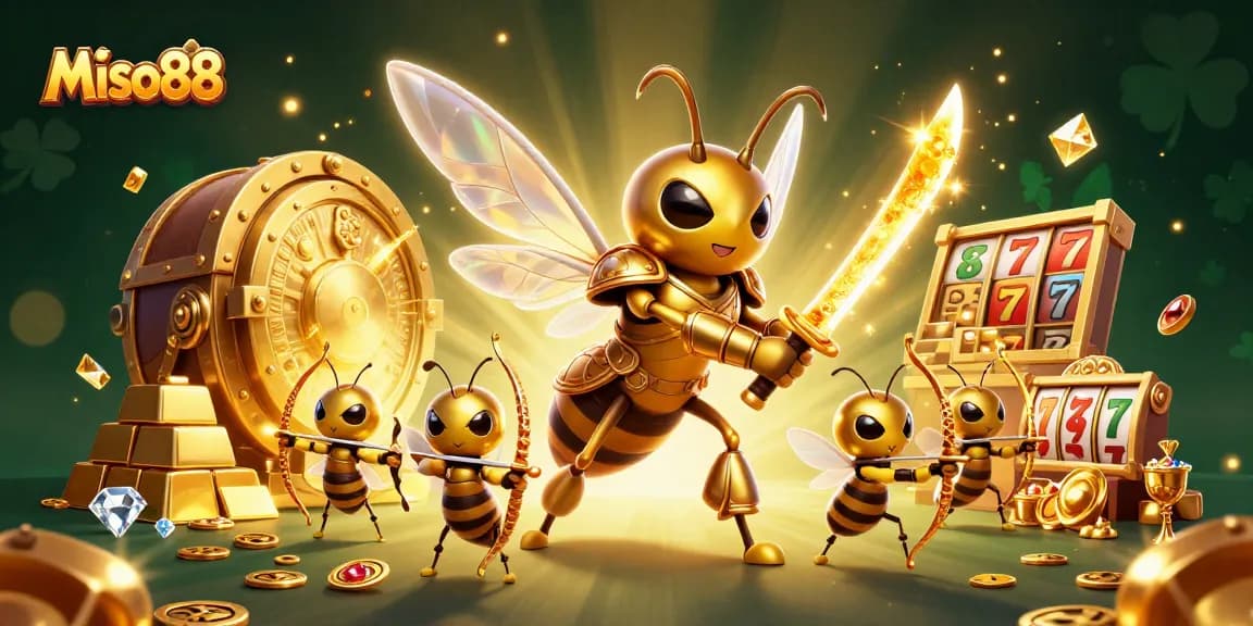 Experience thrilling wins with Miso88, featuring a vibrant 3D casino scene full of jackpots and treasures.