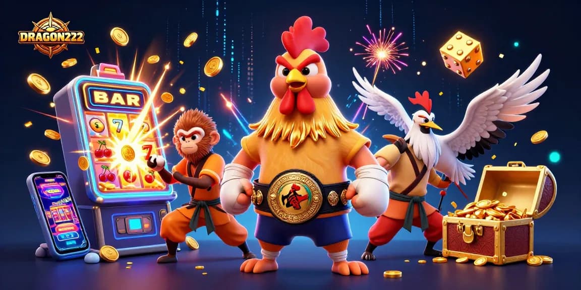 Engage with DRAGON222's thrilling slot games featuring a Muay Thai rooster and dynamic casino elements.