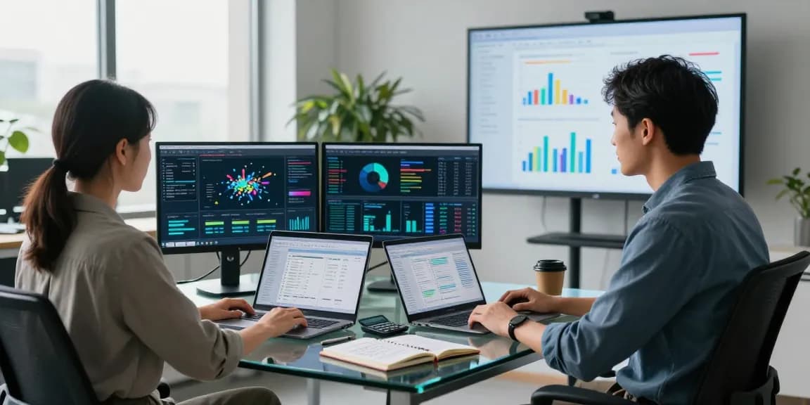 Data analyst at https://factors.org.uk reviewing colorful data visualizations in a modern office.