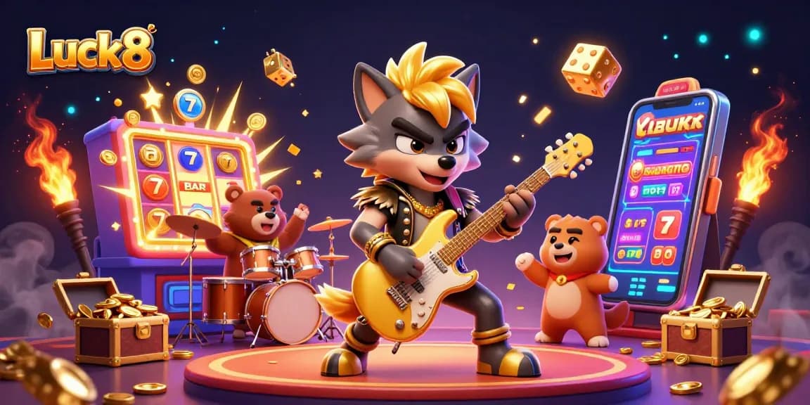 Luck8 unleashes excitement with a cartoon wolf rocking on stage, surrounded by vibrant casino elements.