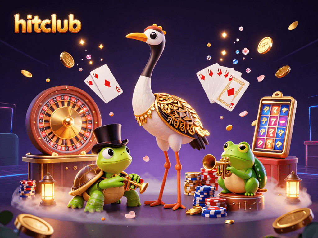 Hitclub casino illustration showcasing vibrant gambling action with characters and game elements.