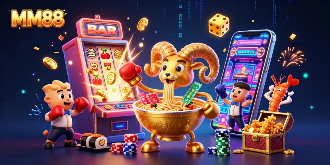 Play exciting MM88 games with vibrant characters surrounded by jackpots and casino elements.