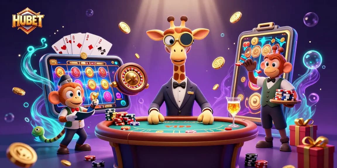 Experience the excitement of HUBET with a vibrant 3D casino scene featuring engaging characters and dynamic gaming elements.