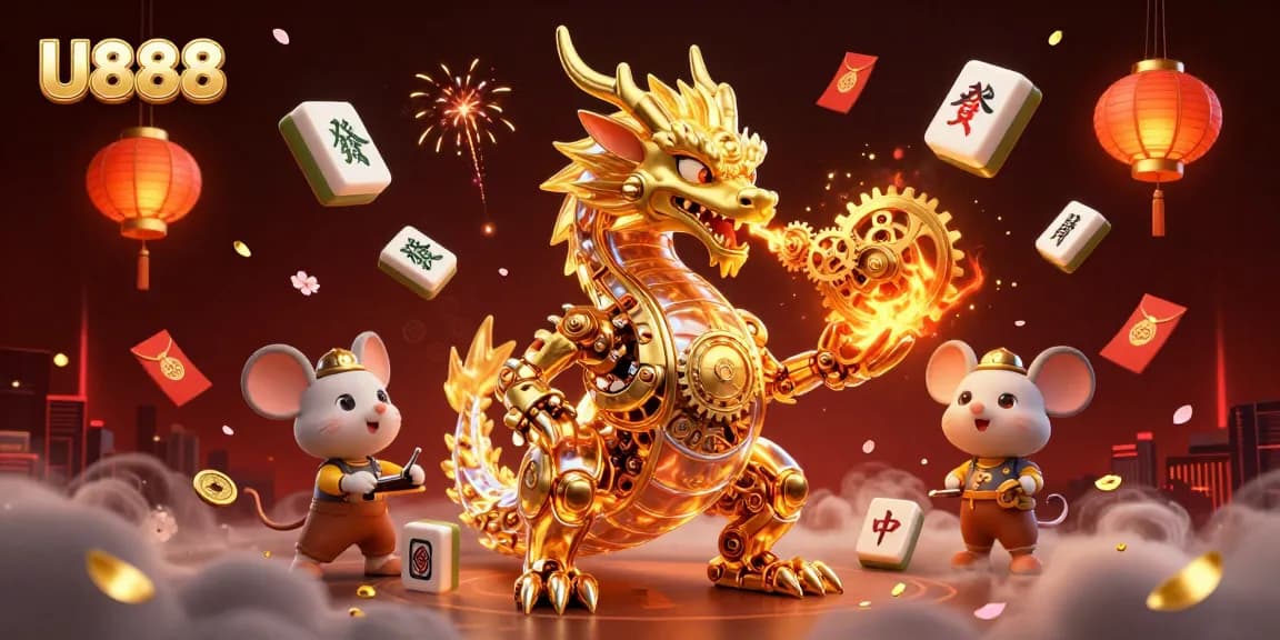 Experience the thrill of U888 amidst a vibrant 3D casino scene with a biomechanical dragon and floating games.