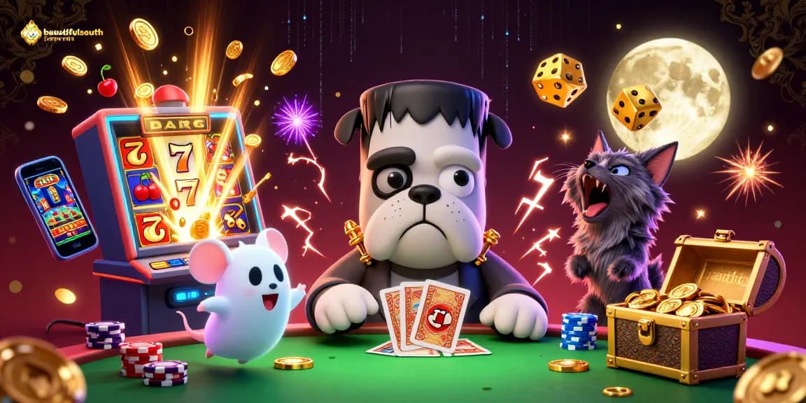 beautifulsouth showcases a thrilling 3D casino scene with a Frankenstein bulldog and magical elements.
