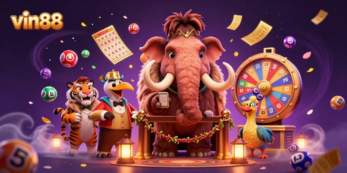 Play exciting games at vin88, featuring vibrant lottery elements and fantastic characters in a dynamic casino scene.