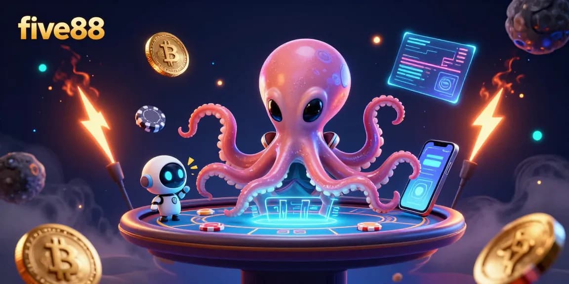 Join the action at five88 with a thrilling poker game led by a cosmic octopus and robot.