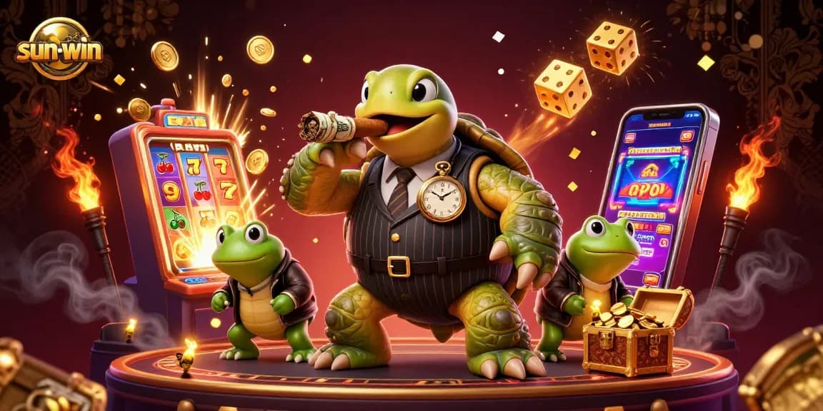 Experience sun-win thrills with a cartoon snapping turtle in a casino setting, surrounded by vibrant game elements.