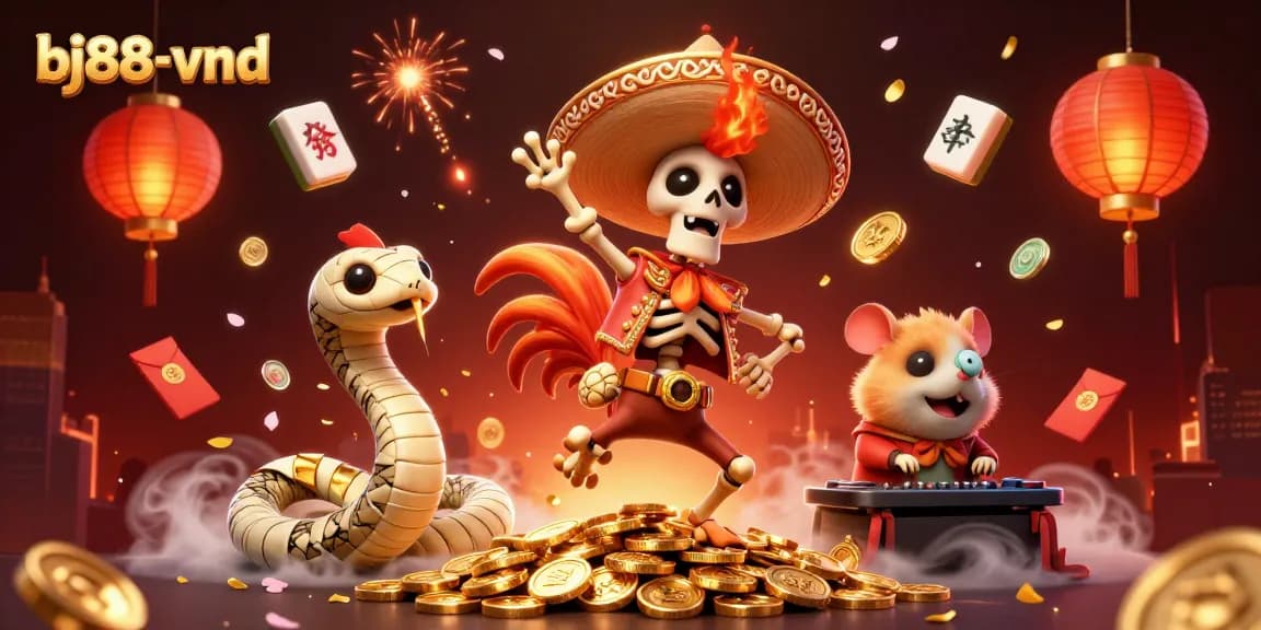 Experience the excitement of bj88-vnd with a vibrant 3D illustration showcasing a celebration of casino animations.