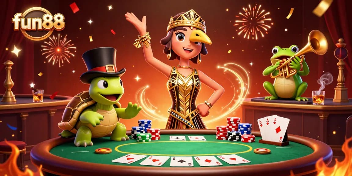 Engage in thrilling games at fun88 featuring a vibrant casino scene with poker and festive atmosphere.