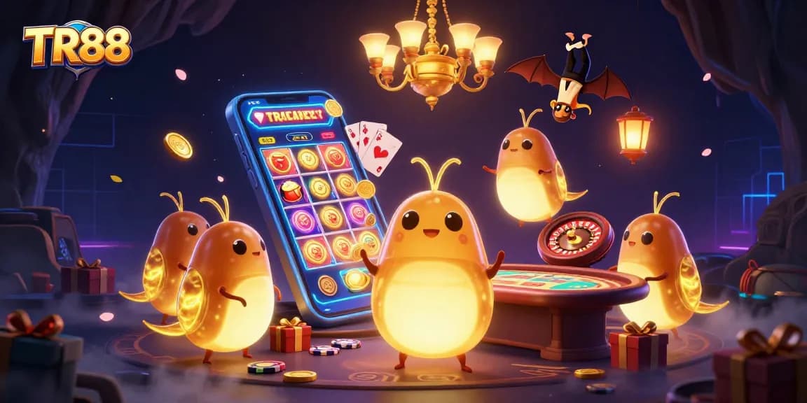 Experience TR88's vibrant gaming scene with glowworms illuminating the cave casino atmosphere.