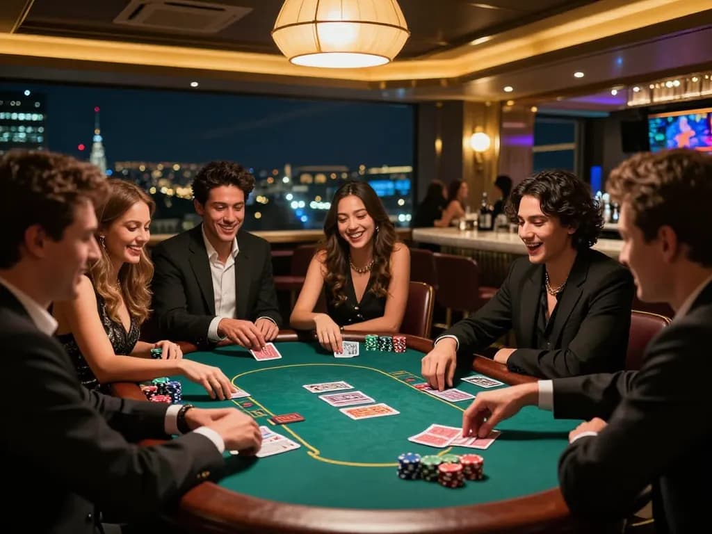 GG88 players gathering around a poker table, enjoying a vibrant casino game night with dynamic action.