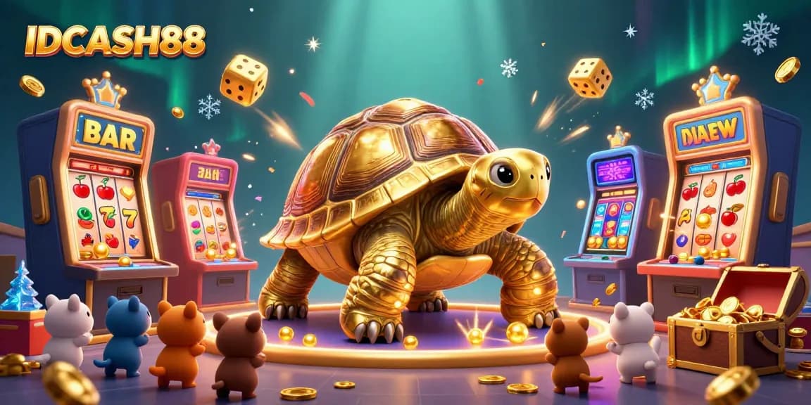 Experience thrilling gameplay with IDCASH88 featuring a giant tortoise pinball machine and vibrant casino elements.