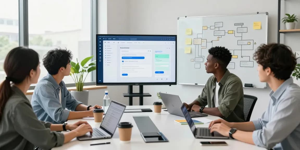 Engaged professionals building internal tools with AI in a collaborative workspace.
