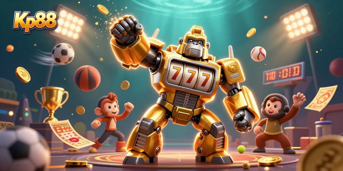 Kp88 features a dynamic golden gorilla mech with slot machine elements and sports balls flying for a vibrant casino feel.