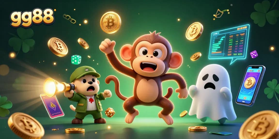 Experience thrilling gaming with gg88's mischievous poltergeist monkey and ghost-hunter puppy at an electrifying casino.