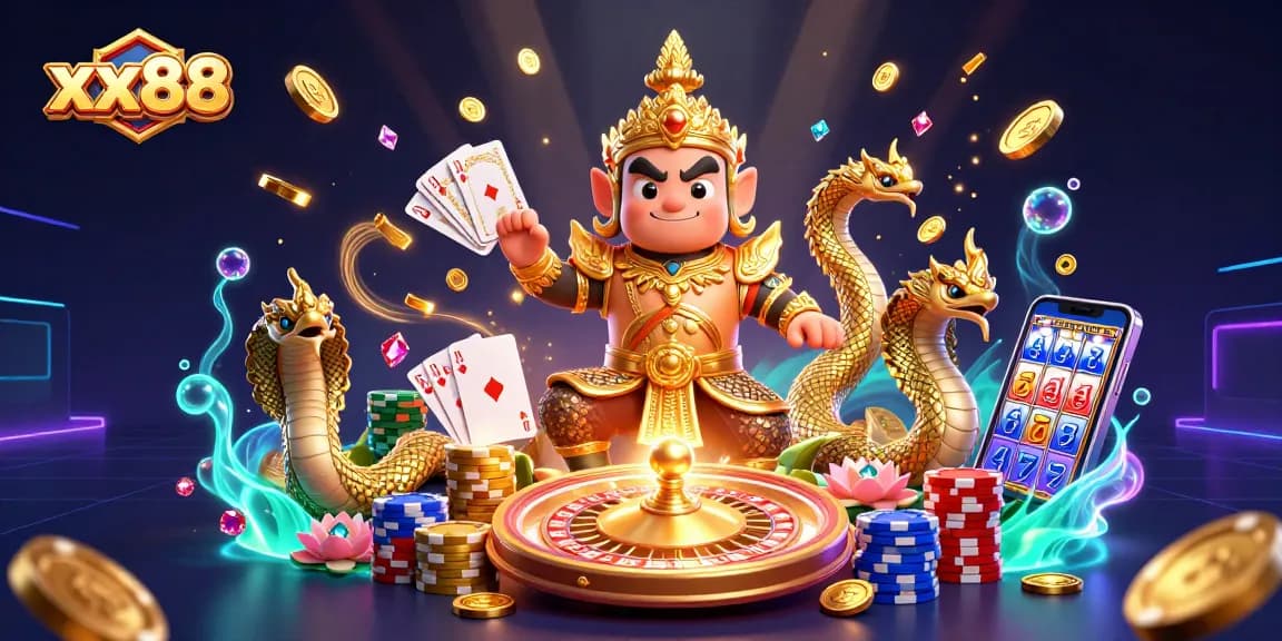 Win big with xx88 as Thai temple guardian and Naga companions amidst dazzling casino elements.
