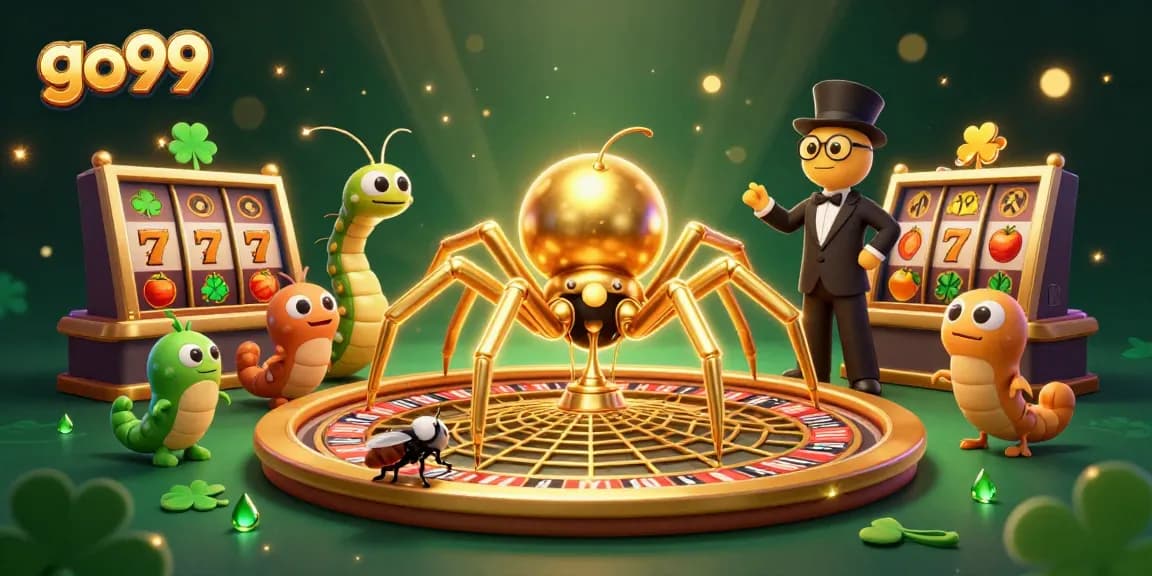 Experience the thrill at go99 with a cartoon spider and centipede croupier in a dazzling casino scene.