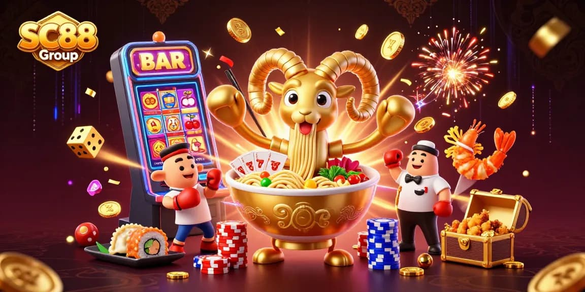 SC88 Group showcases a vibrant 3D casino scene with engaging gaming elements, including a massive slot machine.