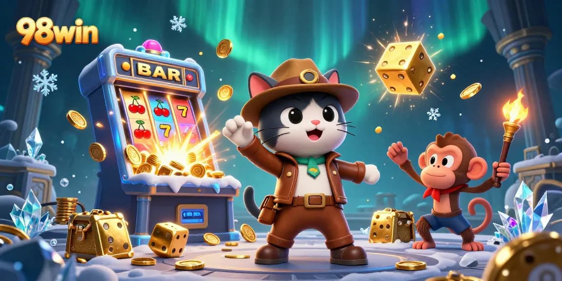 Experience thrilling gaming at 98win with vibrant scenes of jackpot excitement and dynamic gameplay.
