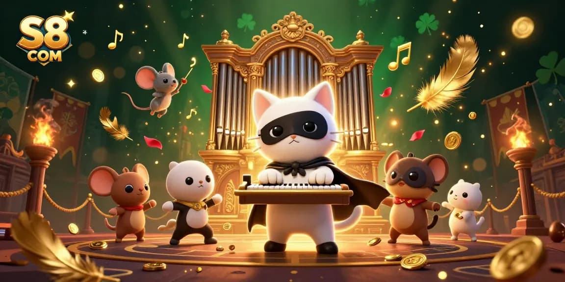 S8 COM showcases an immersive casino scene featuring a masked cat, acrobat, and vibrant game elements.