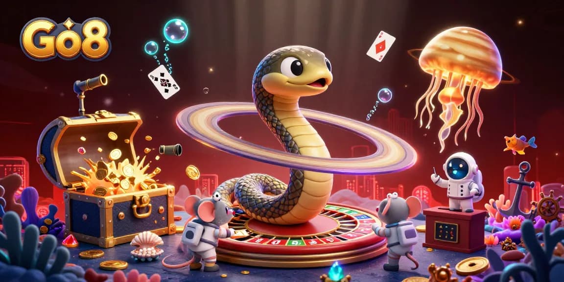 Experience thrilling gameplay with Go8's unique casino illustration showcasing fun cosmic elements.