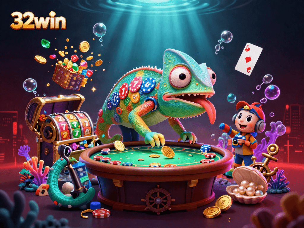 Experience thrilling action at 32win with a dynamic scene of a color-shifting chameleon amidst slots and treasures.