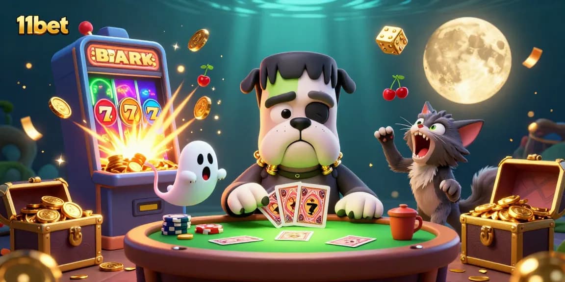 Experience the thrill of 11bet gaming with a whimsical casino scene featuring a bulldog dealer and exciting elements.