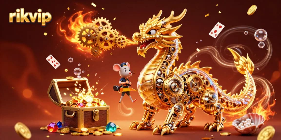 Experience the excitement of rikvip with a vibrant casino atmosphere, featuring a golden dragon and magical elements.