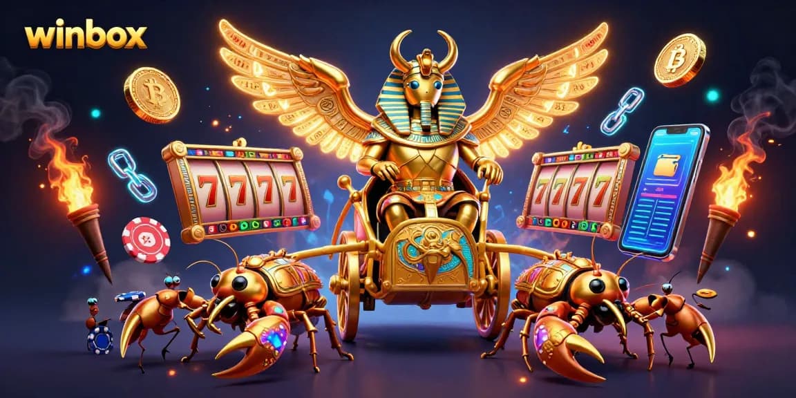 Engage in thrilling slots action at winbox with a vibrant golden scarab beetle illustration.