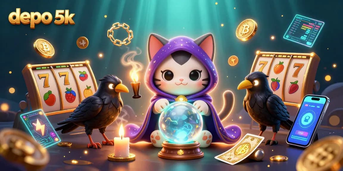 Spin and win with depo 5k while enjoying vibrant slot reels and jackpot symbols in a mystical casino scene.