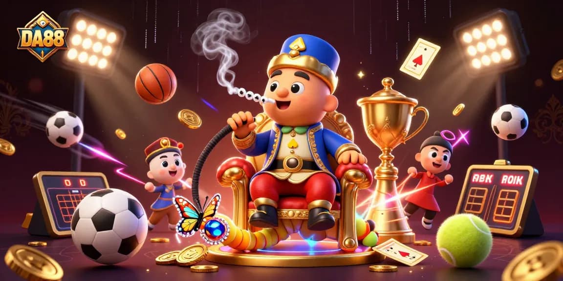 Engage with DA88 in this vibrant casino-themed illustration showcasing sports and poker excitement.