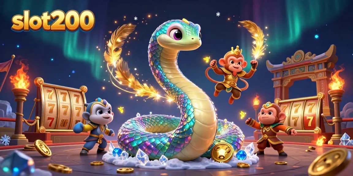 Menggairahkan permainan slot200 dengan ilustrasi 3D kasino berwarna-warni yang menampilkan ular pelangi dan raja monyet menyenangkan