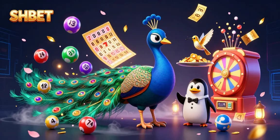 Experience the thrill at SHBET with dynamic lottery elements, featuring an aristocratic peacock and butler penguin.