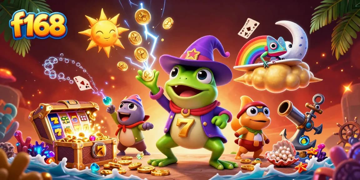 Win big with f168 as the wizard frog and chameleon create wealth in this vibrant casino scene.