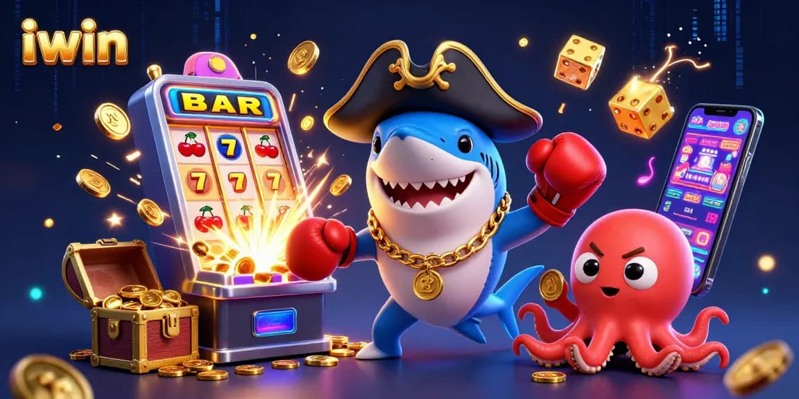 Win big with iwin games featuring 3D pirate shark, pufferfish, and octopus in a vibrant casino scene.