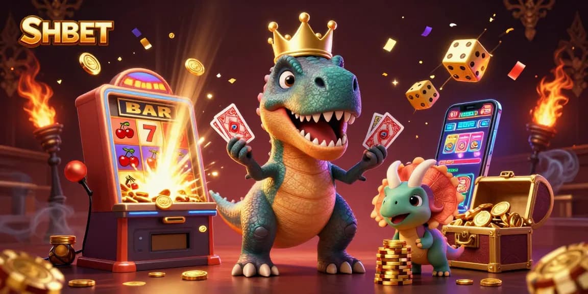 Experience SHBET's exciting world of gaming with a playful T-Rex and vibrant casino elements.