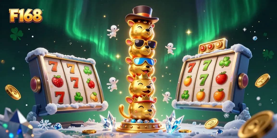 Win big at F168 with a lively 3D casino scene featuring a golden totem and engaging slot game elements.