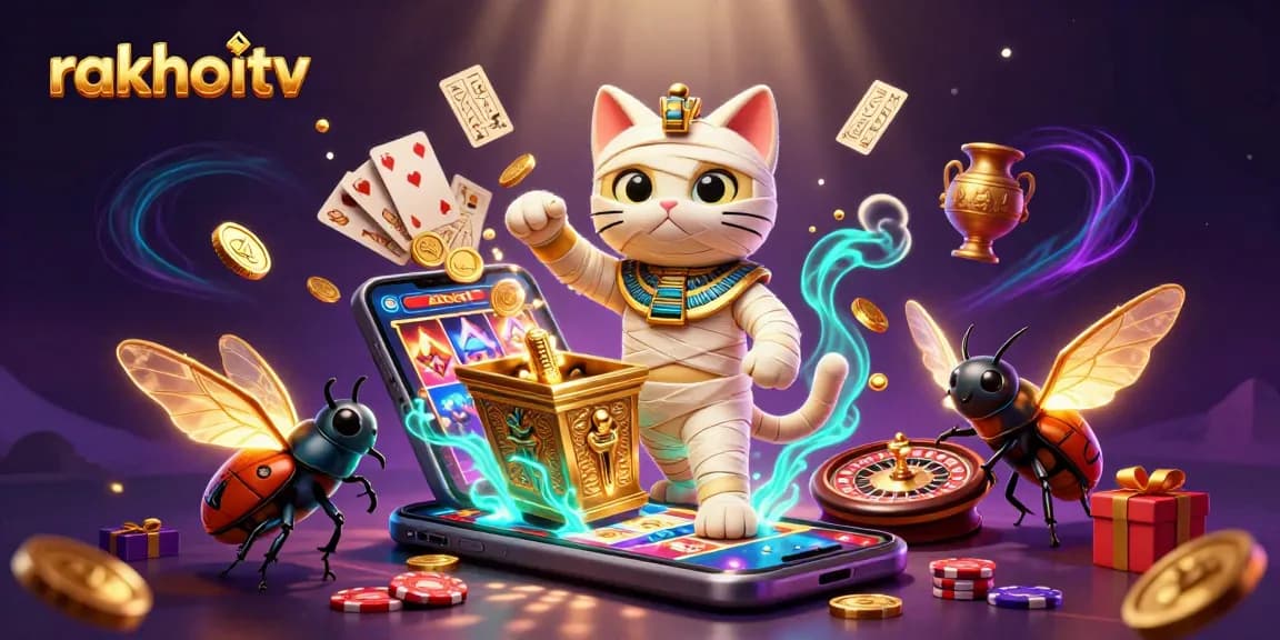Experience rakhoitv's vibrant casino scene with a mummy cat and scarab beetle amidst magical gambling elements.