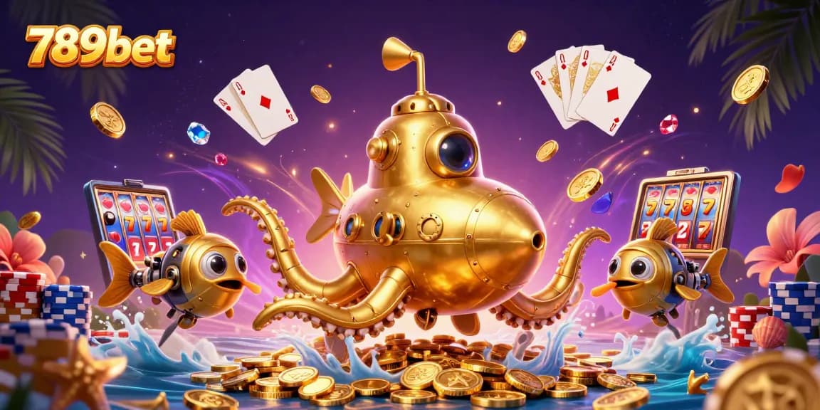Play exciting games at 789bet featuring a golden kraken submarine amidst riches, dynamic slots, and roulette.