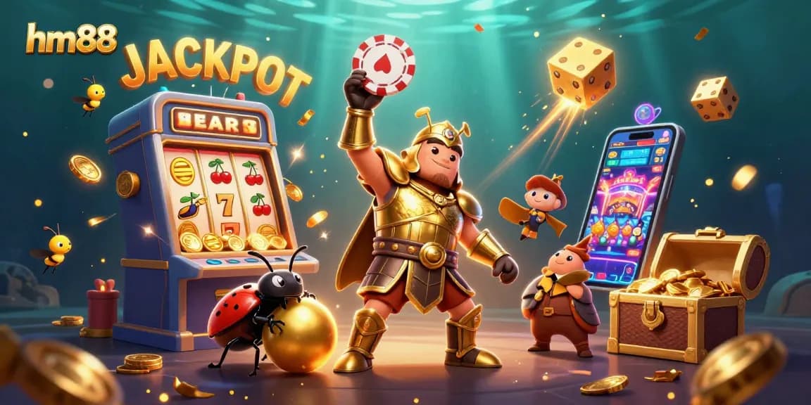 Win big with hm88: A vibrant jackpot scene featuring iconic casino elements and playful characters.