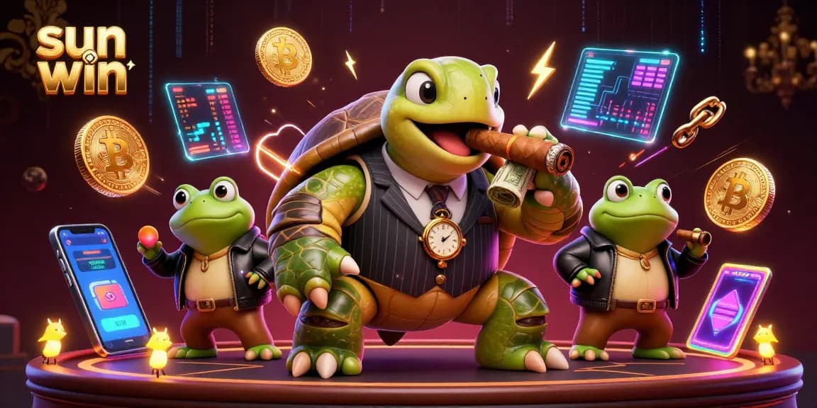 Engage with the lively "sun win" scene, featuring a turtle mobster and crypto elements.